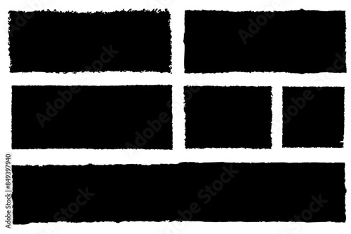 Jagged rectangle black frames set. Paper torn shape with ripped edge for collage, poster. Vector illustration.