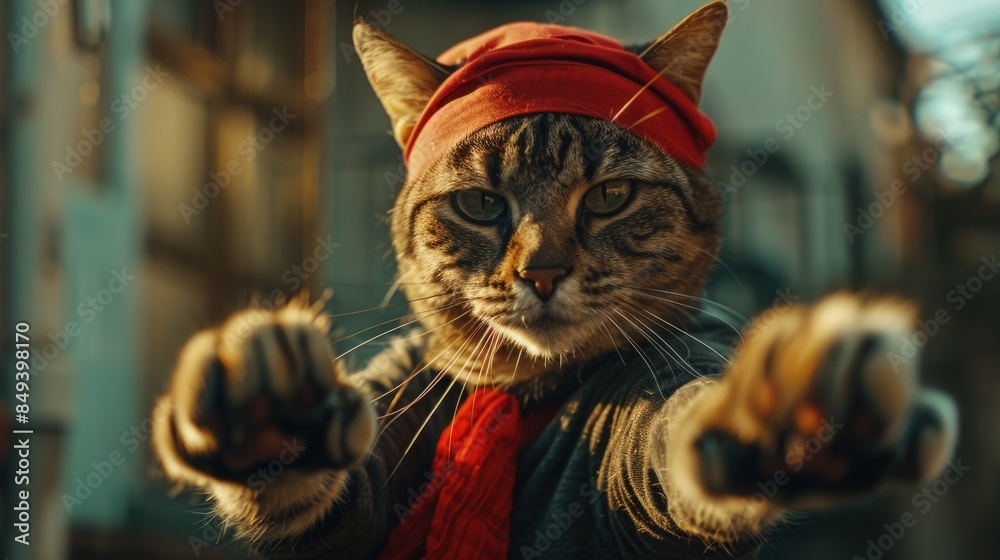 A domestic cat wearing a bright red hat and matching scarf, sitting outdoors A domestic cat wearing a bright red hat and matching scarf, sitting outdoors