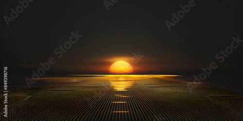 Tranquil Sunset Over a Reflective Digital Surface
Golden Sun Setting Over a Futuristic Landscape
