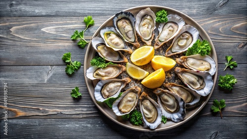 Platter of freshly shucked oysters , seafood, appetizer, raw, luxury, delicacy, gourmet, fresh, shellfish, presentation