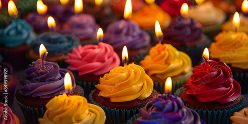 Colorful Cupcakes with Lit Candles for a Festive Celebration