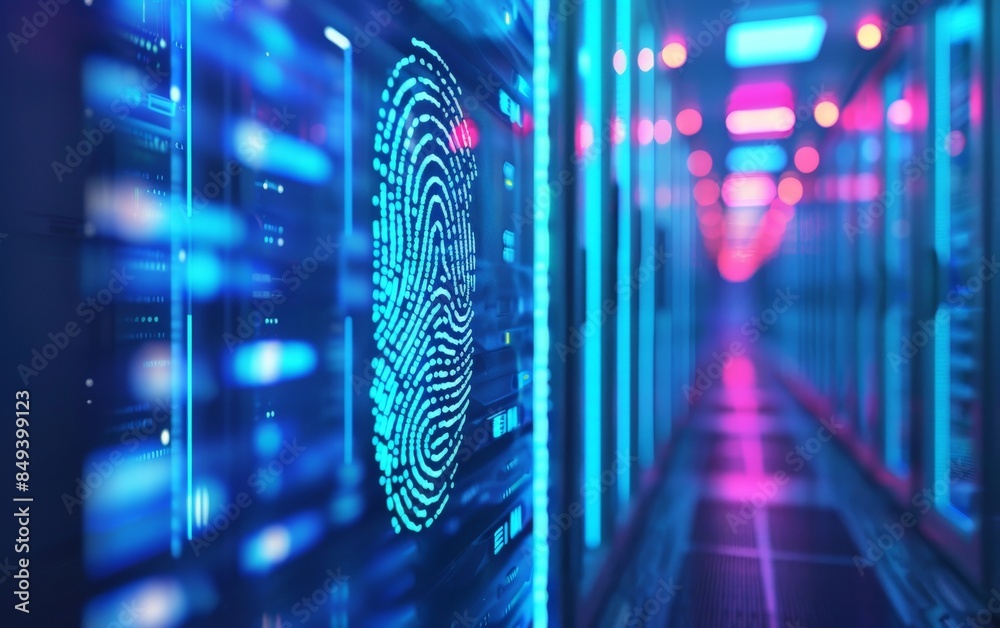 Obraz premium A futuristic server room with a glowing fingerprint on a screen, representing secure data access.