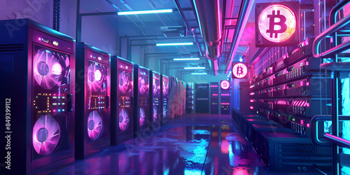 High-Tech Cryptocurrency Mining Facility with Bitcoin Symbol