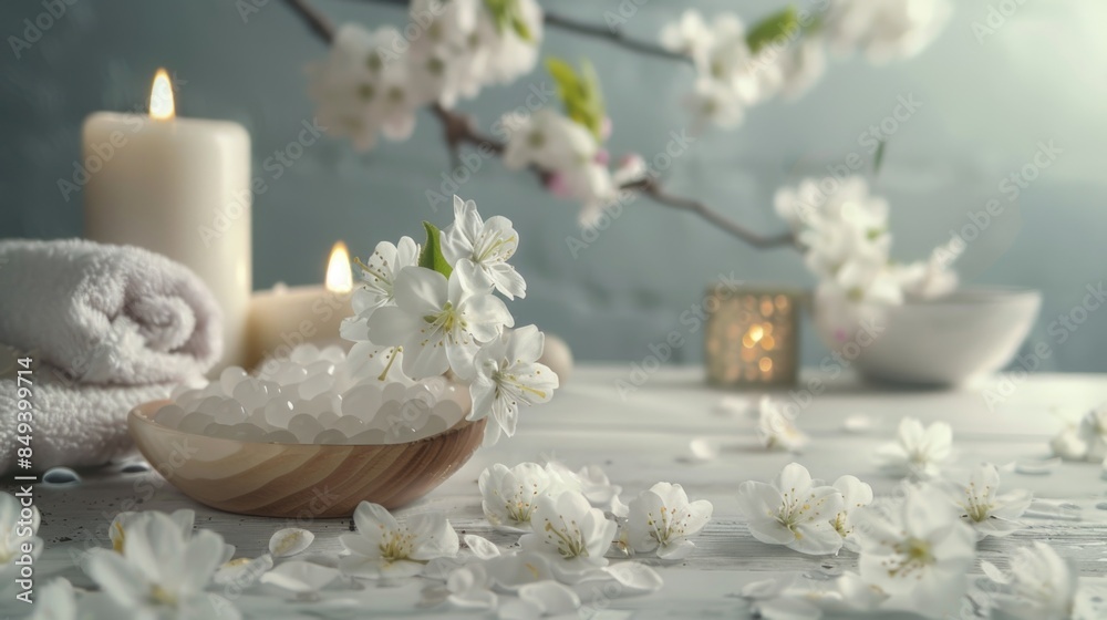 A simple still life arrangement of white flowers and candles on a wooden bowl, great for weddings or romantic settings A simple still life arrangement of white flowers and candles on a wooden bowl, great for weddings or romantic settings