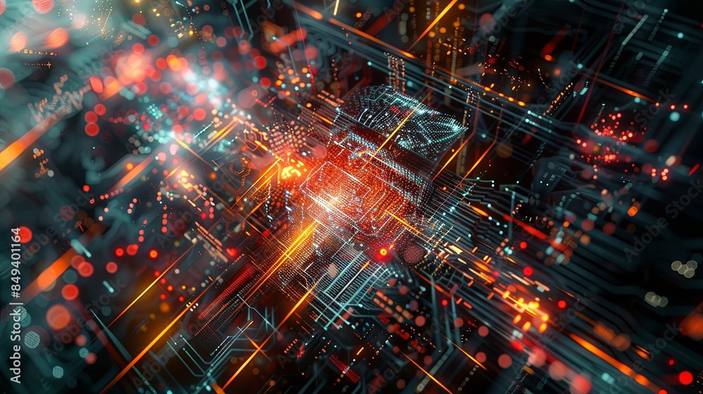 An intricate, dynamic, abstract visualization of big data processing, featuring massive information streams, complex graphs, and digital interfaces. Generative AI