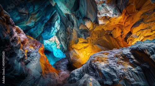 Wallpaper Mural Abstract cave formation with vibrant blue, orange, and yellow hues. A dramatic and colorful natural wonder. Torontodigital.ca