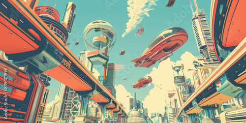 A vintage-style illustration of a retro-futuristic cityscape, featuring flying cars, geometric buildings, and vibrant color schemes
