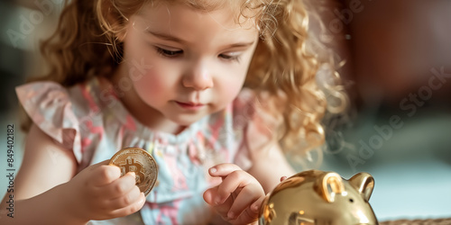 A little girl puts a bitcoin coin into a piggy bank. The concept of modern ways of saving money. Banner with copyspace. Shallow depth of field. photo