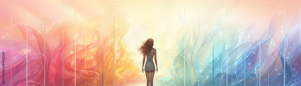 Illustrate a rear view of human chromosomes, vibrant and detailed, against a soft pastel background Infuse digital art elements for a stock photo Illustrate a rear view of human chromosomes, vibrant and detailed, against a soft pastel background Infuse digital art elements for a stock photo