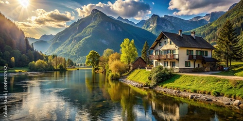 Charming riverside house surrounded by mountains in a picturesque landscape, cute, house, river, mountains, landscape
