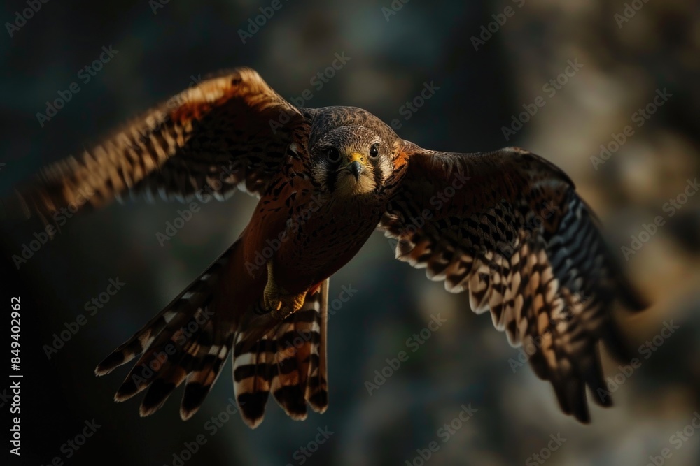 Obraz premium A bird soars through the air with its wings spread, showcasing its freedom and agility