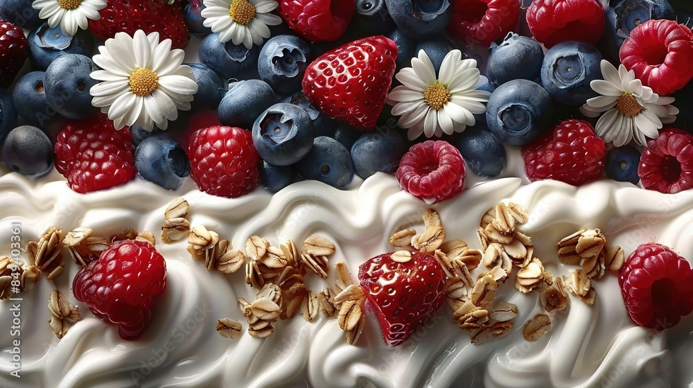 Close-up image of a cake topped with strawberries, raspberries, and blueberries Close-up image of a cake topped with strawberries, raspberries, and blueberries