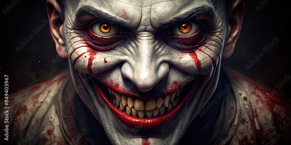 A terrifying horror face with bloodshot eyes and sinister grin, horror, face, scary, creepy, frightening, bloodshot, eyes
