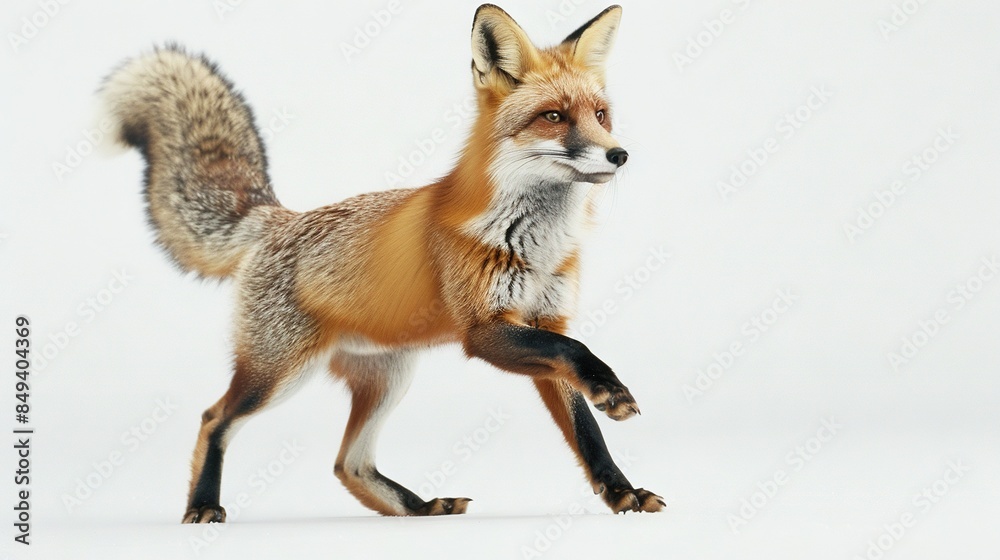 A close-up of a fox on a white background, with one leg up and one leg down A close-up of a fox on a white background, with one leg up and one leg down
