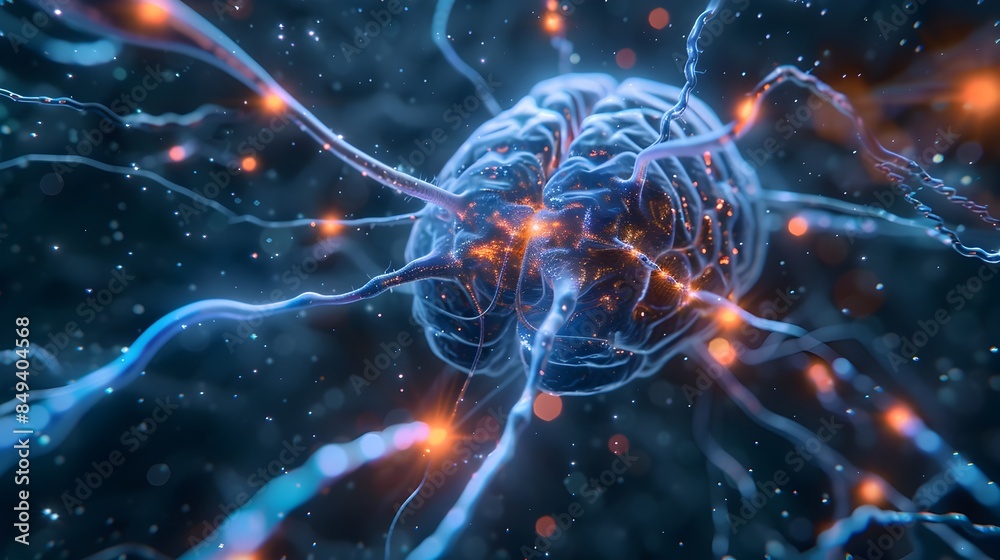 Neuralink device interfacing with a human brain,highlighting the intricate neural connections and synaptic activity within the complex nervous system. This futuristic. Neuralink device interfacing with a human brain,highlighting the intricate neural connections and synaptic activity within the complex nervous system. This futuristic.