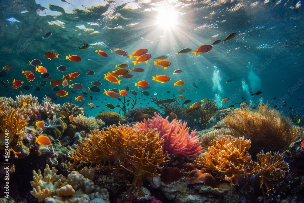 Naklejka premium Exploring Colorful Coral Reefs: Vibrant Tropical Fish and Underwater Adventures in Marine Habitats