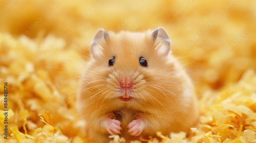A hamster rests amidst a mound of golden blooms, regarding the lens curiously A hamster rests amidst a mound of golden blooms, regarding the lens curiously