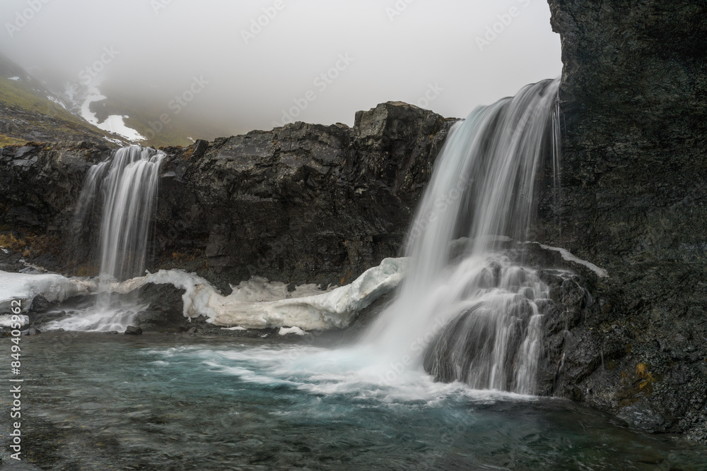 Þorgeirsstaðaá river creates the beautiful Skútafoss or small cave  waterfall. There are 3 waterfalls in this river in the valley; Innstifoss, Skútafoss, and Fremstifoss waterfalls