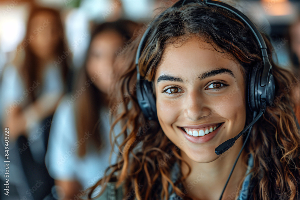 Portrait of female call center worker with her team. Smiling customer support operator at work. Diverse group of people providing professional assistance in an office setting. Portrait of female call center worker with her team. Smiling customer support operator at work. Diverse group of people providing professional assistance in an office setting.