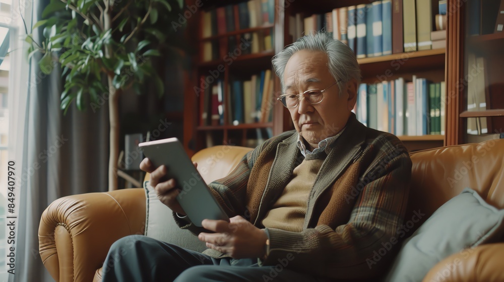 Elderly professional using tablet at home, modern lifestyle, technology, comfortable living room, remote work, happy and focused, detailed realism