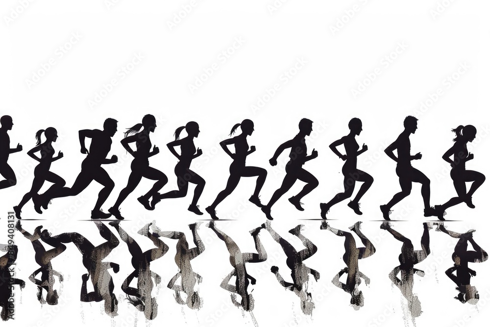 A group of people running together in a straight line, potentially participating in a race or event A group of people running together in a straight line, potentially participating in a race or event