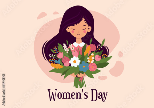 Women's Day postcard concept in flat cartoon design. This illustration conveys all the importance and beauty of the March 8 holiday, depicting a girl with flowers. Vector illustration.