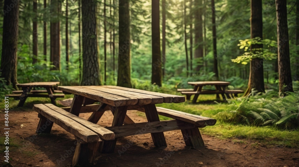 a detailed illustration of a rustic wooden table set in the foreground, with blurred camping tents in the background nestled among a lush, green forest. Emphasize the texture and grain of the wooden t
