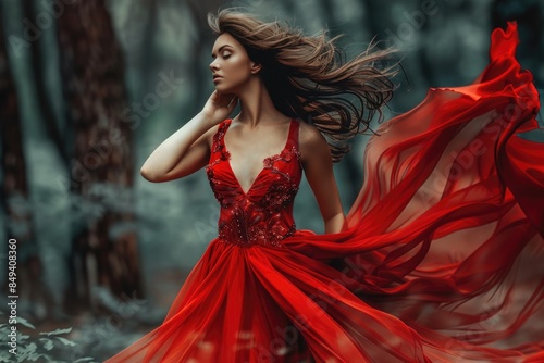 A woman wearing a red dress walks through a dense forest