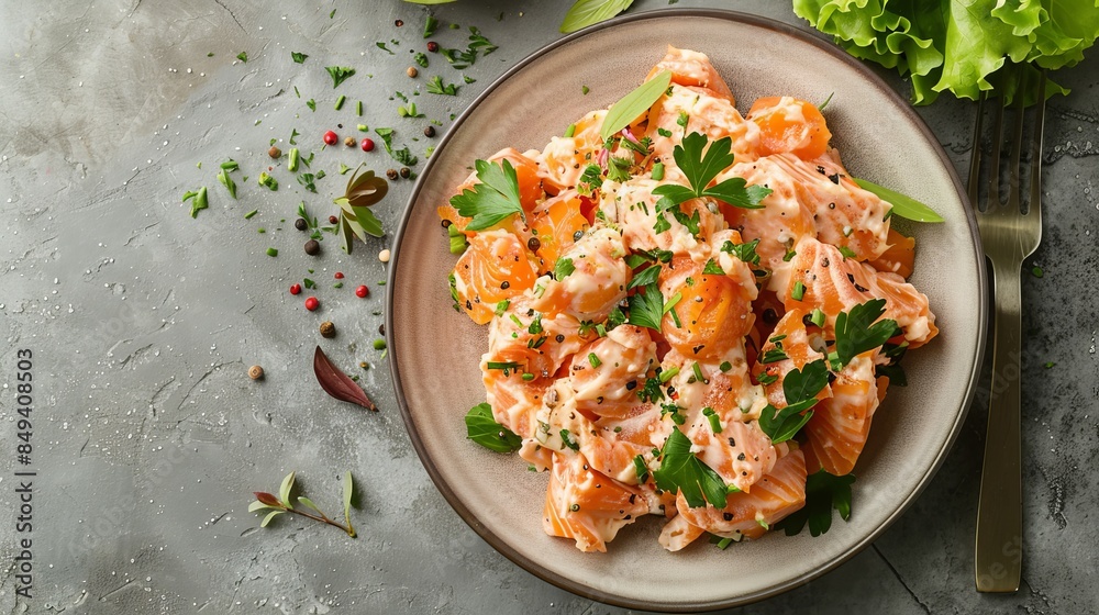A plate of food with salmon and parsley A plate of food with salmon and parsley