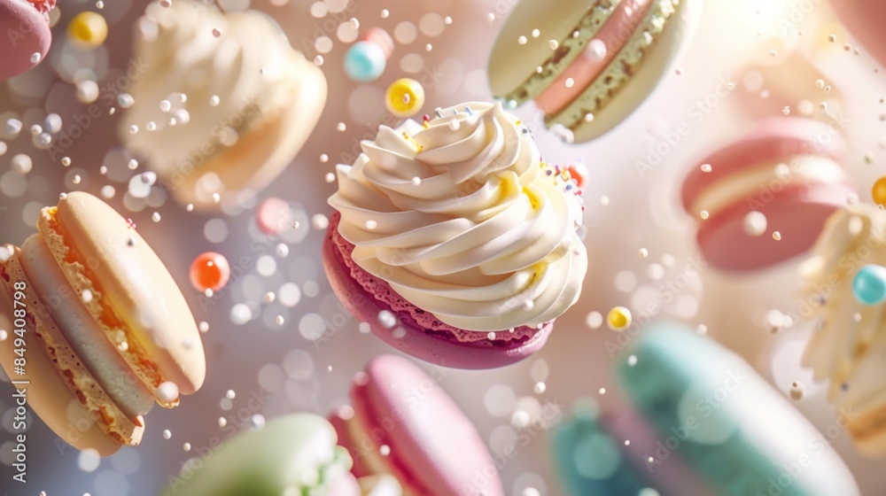 Delightful array of vibrant macarons adorning a bed of whipped cream and sprinkles, crafting a charming and alluring dessert display Delightful array of vibrant macarons adorning a bed of whipped cream and sprinkles, crafting a charming and alluring dessert display