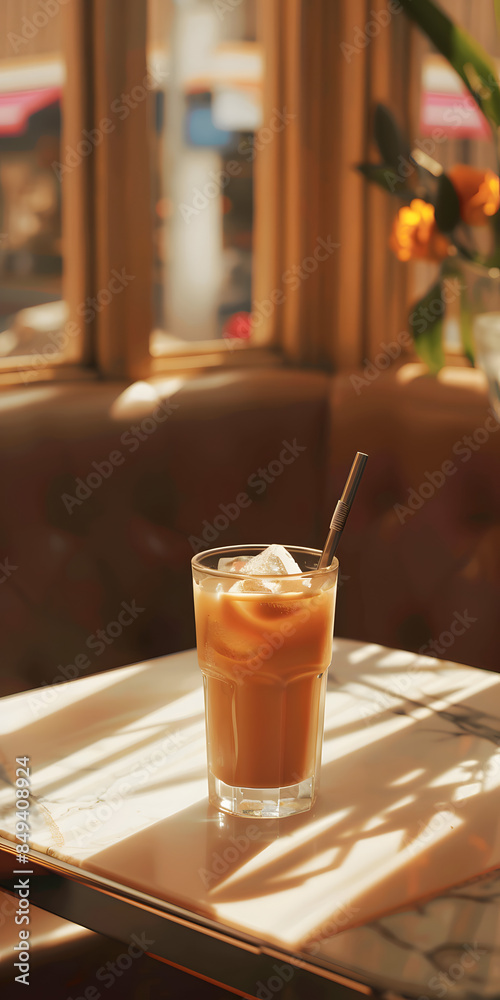 Café gelado com leite em um copo sobre uma mesa de mármore Café gelado com leite em um copo sobre uma mesa de mármore
