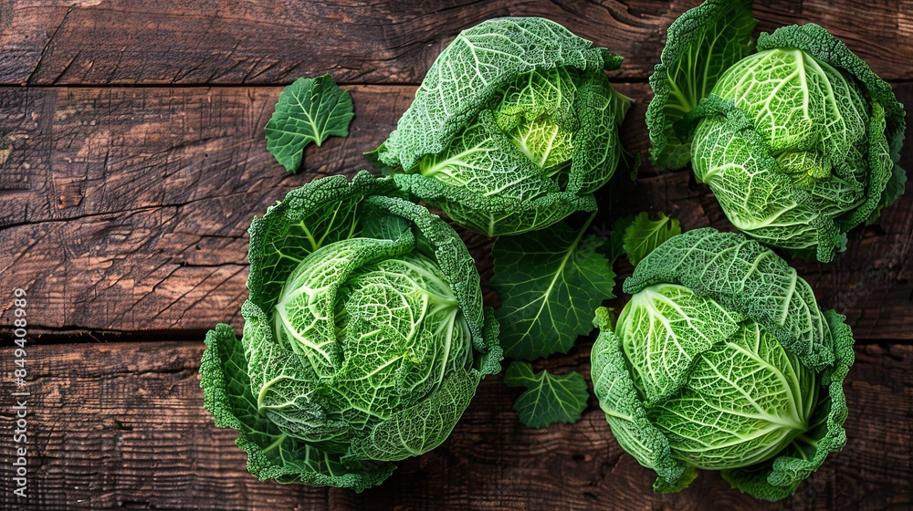 Fototapeta premium Fresh green cabbage on a wooden background, top view