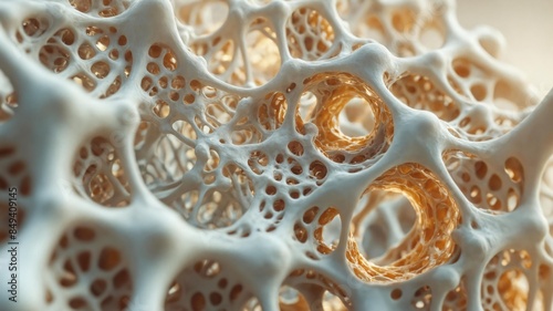 Close-up of spongy bone tissue, focusing on microscopic structure, cells and collagen. Highlighting medical science, skeletal health, repair processes.