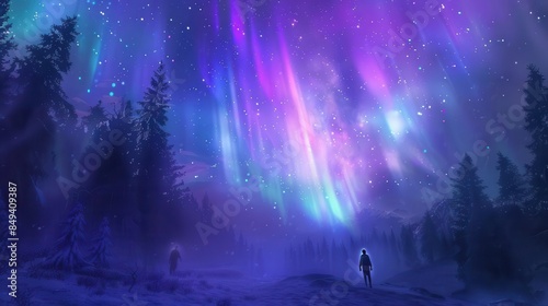 Aurora borealis in an enchanted woodland with fairies, magical, vibrant colors, fantasy style