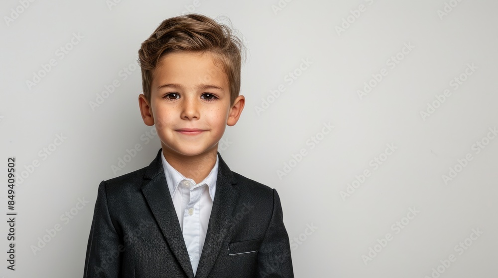 A charming young boy in formal attire standing against a plain white backdrop ready for a photo A charming young boy in formal attire standing against a plain white backdrop ready for a photo