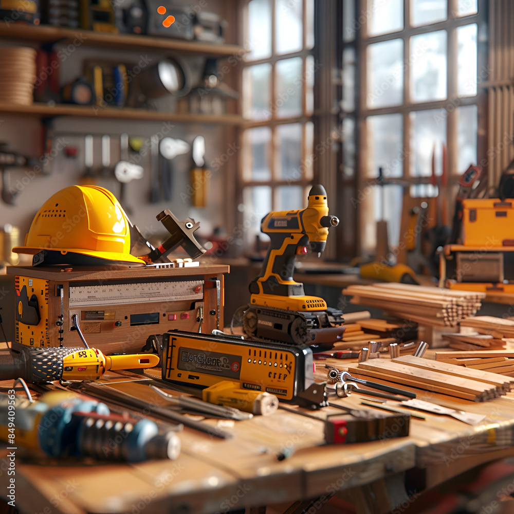 Construction tools are placed on a table Construction tools are placed on a table