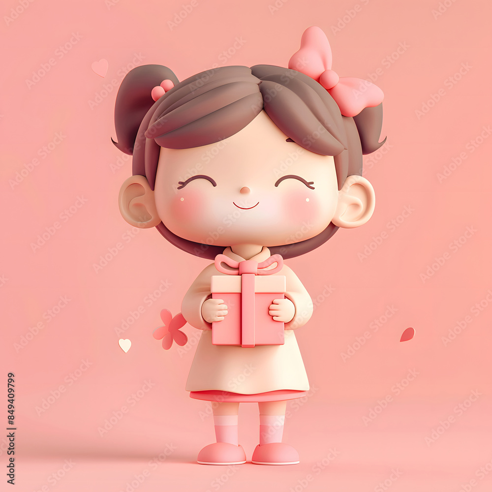 cute girl holding a gift,happy,pink background,3d clay cute girl holding a gift,happy,pink background,3d clay