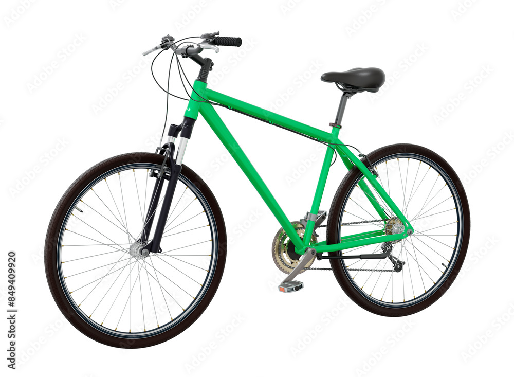 Green bicycle, side front view. Black leather saddle and handles. Png clipart isolated on transparent background Green bicycle, side front view. Black leather saddle and handles. Png clipart isolated on transparent background