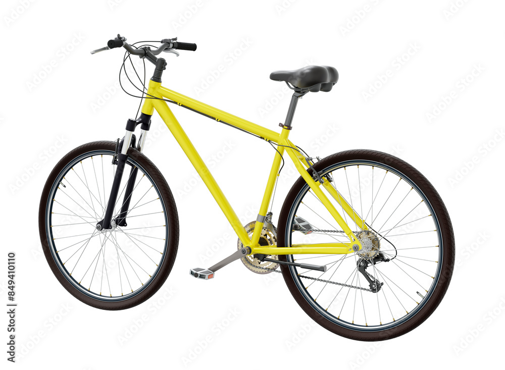Yellow bicycle, side back view. Black leather saddle and handles. Png clipart isolated on transparent background Yellow bicycle, side back view. Black leather saddle and handles. Png clipart isolated on transparent background
