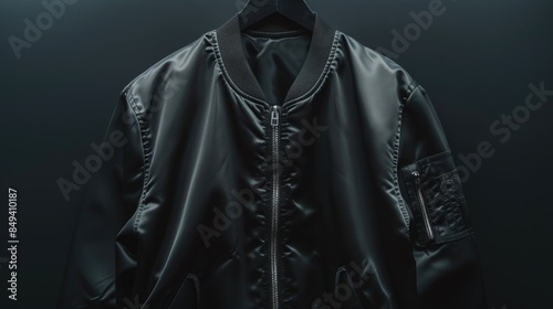 A close-up shot of a black leather jacket hanging from a hook or hanger, ideal for fashion and lifestyle imagery
