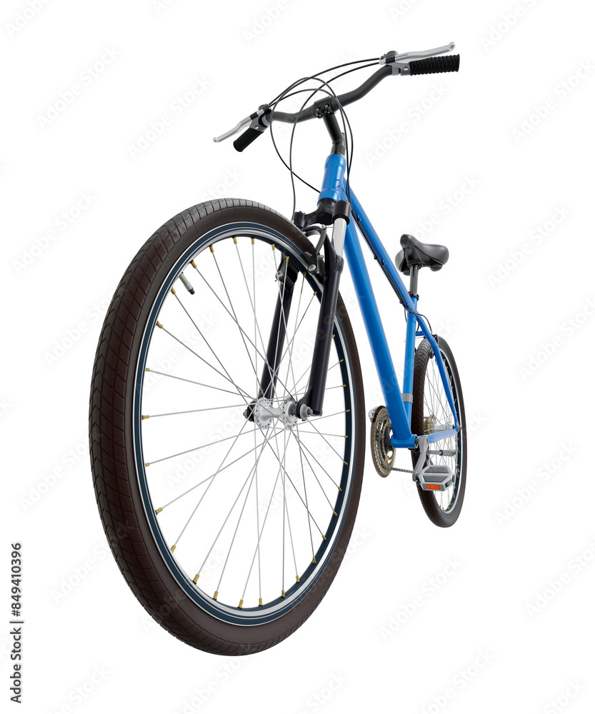 Blue bicycle, front side view with wide angle shot of the front wheel. Black leather saddle and handles. Png clipart isolated on transparent background Blue bicycle, front side view with wide angle shot of the front wheel. Black leather saddle and handles. Png clipart isolated on transparent background