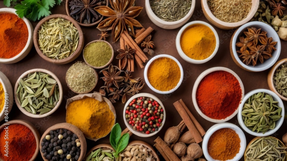 Top view of spices and herbs isolated against a background of food items, nutritious veggies, high vitamin and fiber content on the table Top view of spices and herbs isolated against a background of food items, nutritious veggies, high vitamin and fiber content on the table
