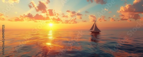 Serene sunrise over a calm sea with a lone sailboat on the horizon, 4K hyperrealistic photo