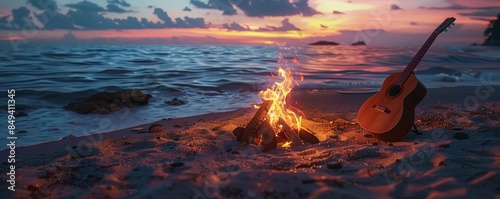 Beachside bonfire with acoustic guitar serenade, music and beach ambiance, 4K hyperrealistic photo. photo