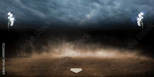Photography Mysterious Baseball Field with Dark Clouds and Stadium Lights