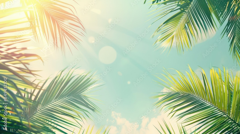 A slight glimpse of palm leaves against a sunny sky on a summer day A slight glimpse of palm leaves against a sunny sky on a summer day
