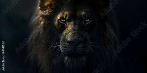 Powerful Lion Gaze with Majestic Mane in Dark, Dramatic Lighting