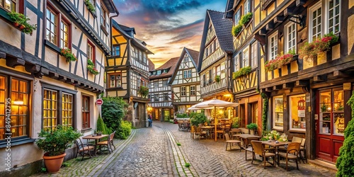 Cozy alley lined with charming timbered houses, cafes, and boutiques, narrow passage, old houses, timbered photo