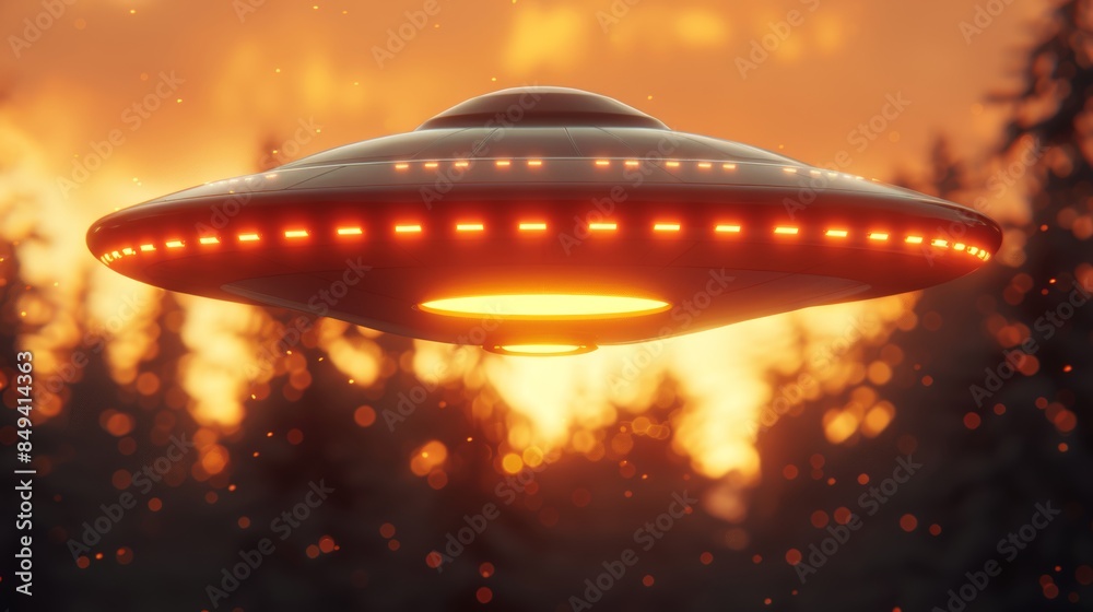 Unidentified flying object ufo hovering over mountainous forest, creating an enigmatic spectacle Unidentified flying object ufo hovering over mountainous forest, creating an enigmatic spectacle