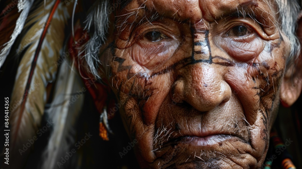 Close-up photo of a person wearing a headdress, often used for cultural or historical representation Close-up photo of a person wearing a headdress, often used for cultural or historical representation
